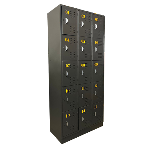 locker de 15 puestos color negro con números amarillos